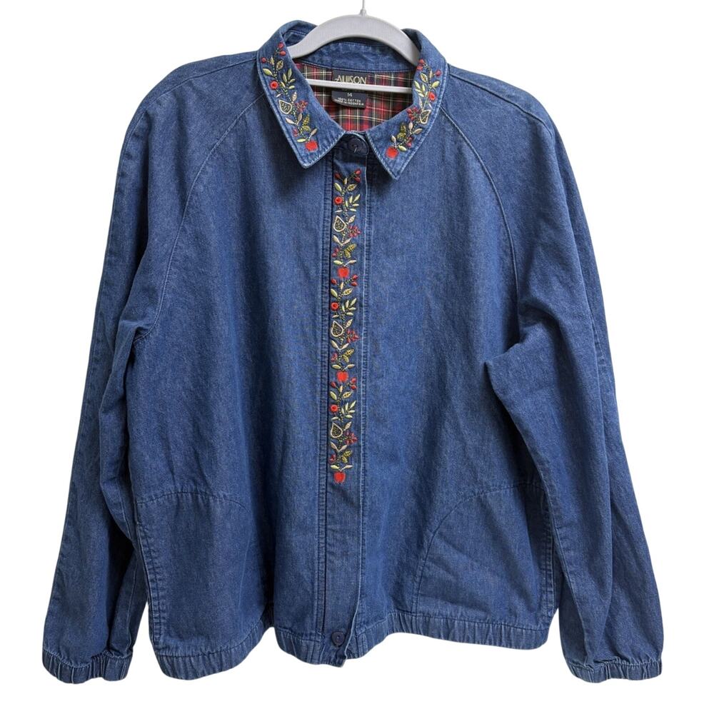 Vintage Daley Womens Denim Shirt Jacket Size 14 Zip Up Apple Embroidered Teacher